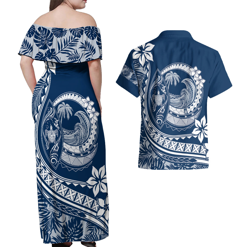 Polynesian Plumeria Couples Matching Off Shoulder Maxi Dress and Hawaiian Shirt Ride The Waves - Navy Blue LT7 - Polynesian Pride
