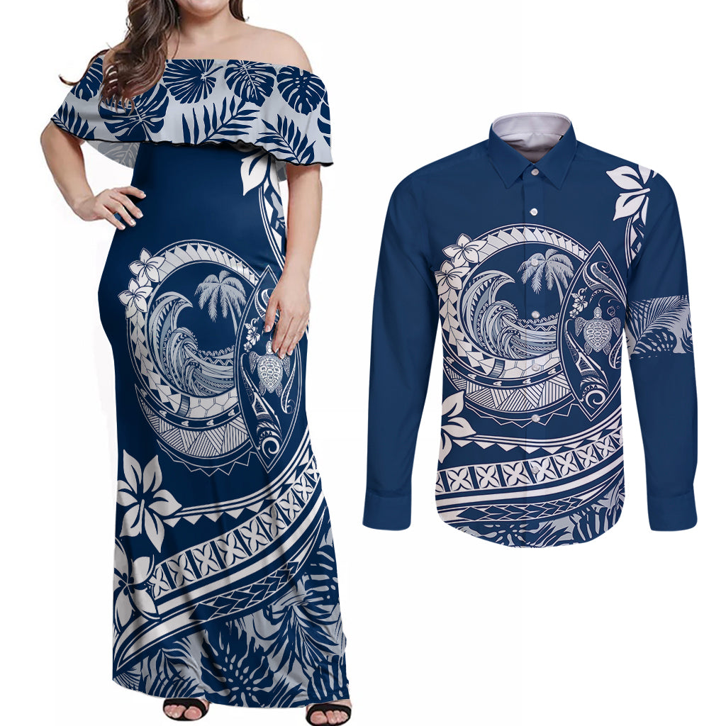 Polynesian Plumeria Couples Matching Off Shoulder Maxi Dress and Long Sleeve Button Shirts Ride The Waves - Navy Blue LT7 Navy Blue - Polynesian Pride