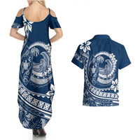 Polynesian Plumeria Couples Matching Summer Maxi Dress and Hawaiian Shirt Ride The Waves - Navy Blue LT7 - Polynesian Pride