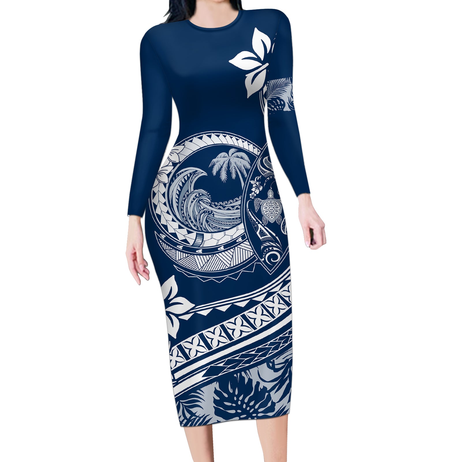 Polynesian Plumeria Long Sleeve Bodycon Dress Ride The Waves - Navy Blue LT7 Long Dress Navy Blue - Polynesian Pride