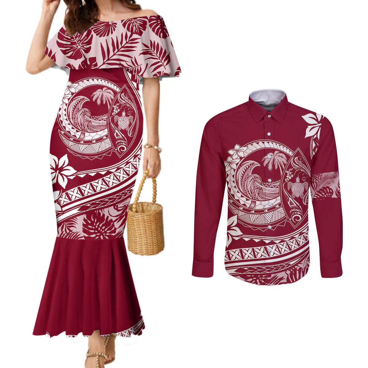 Polynesian Plumeria Couples Matching Mermaid Dress and Long Sleeve Button Shirts Ride The Waves - Burgundy LT7 Burgundy - Polynesian Pride