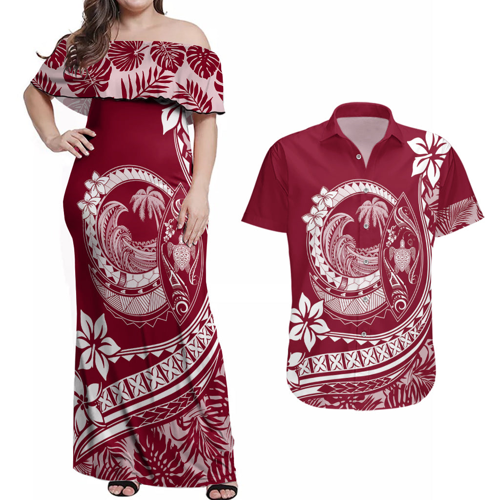 Polynesian Plumeria Couples Matching Off Shoulder Maxi Dress and Hawaiian Shirt Ride The Waves - Burgundy LT7 Burgundy - Polynesian Pride