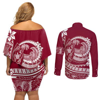 Polynesian Plumeria Couples Matching Off Shoulder Short Dress and Long Sleeve Button Shirts Ride The Waves - Burgundy LT7 - Polynesian Pride