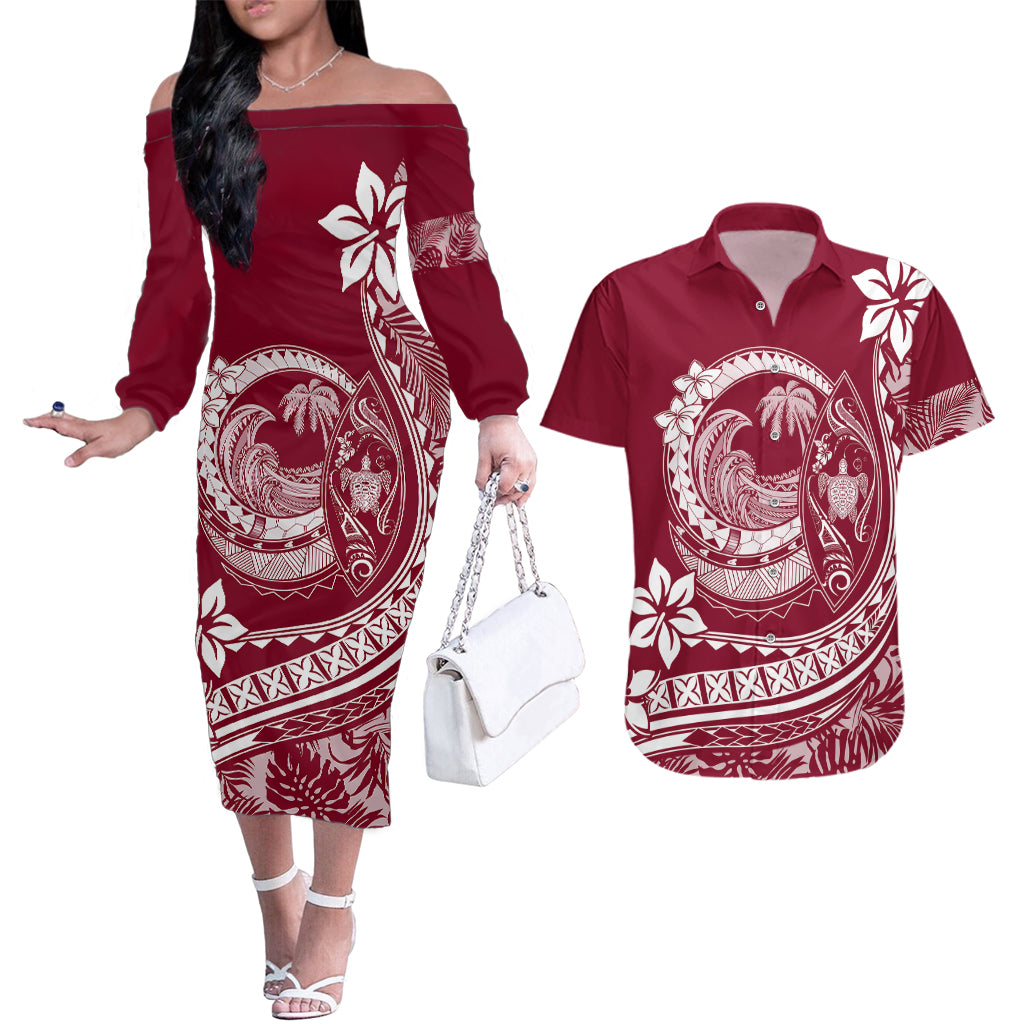 Polynesian Plumeria Couples Matching Off The Shoulder Long Sleeve Dress and Hawaiian Shirt Ride The Waves - Burgundy LT7 Burgundy - Polynesian Pride