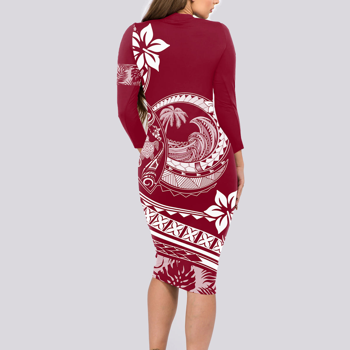 Polynesian Plumeria Long Sleeve Bodycon Dress Ride The Waves - Burgundy LT7 - Polynesian Pride