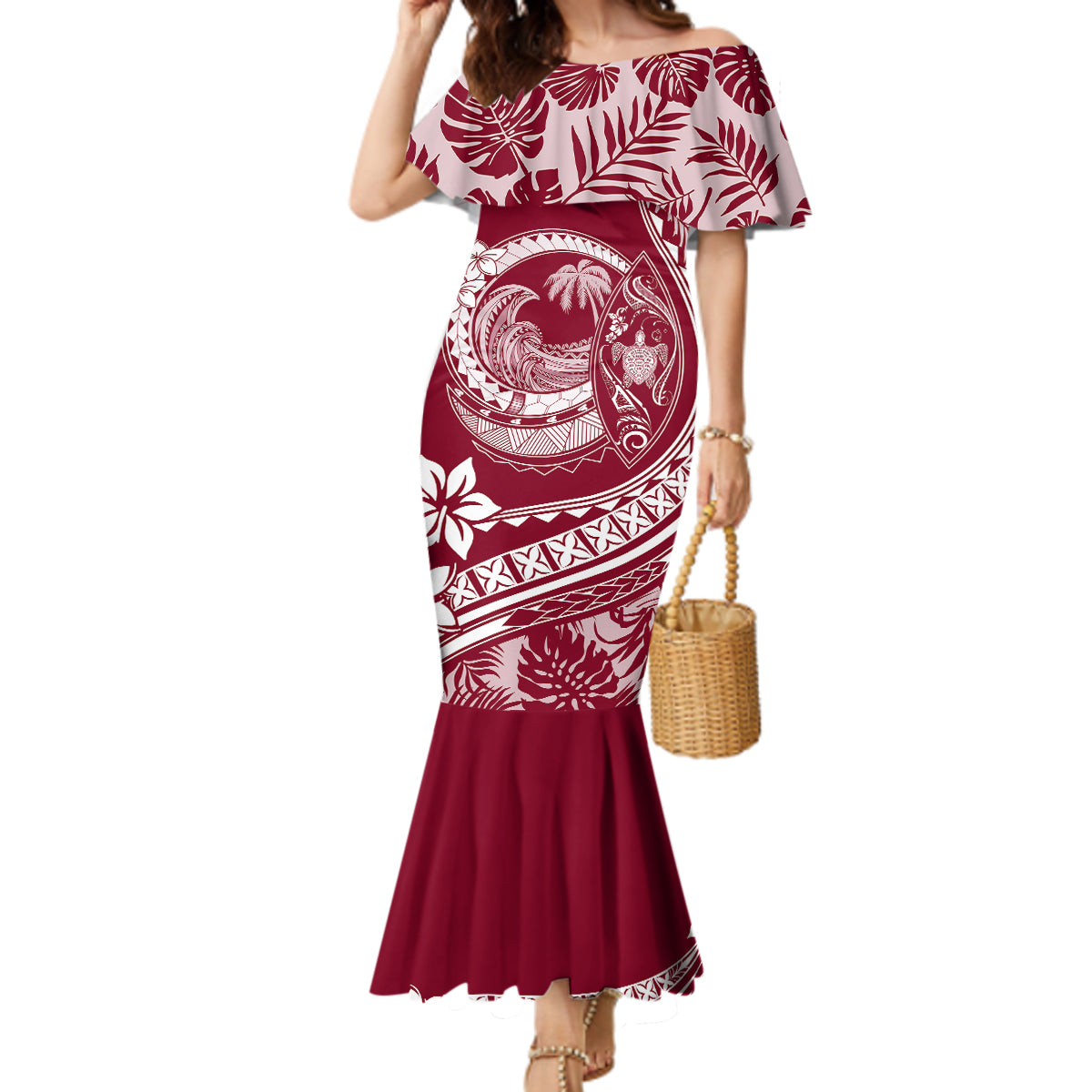 Polynesian Plumeria Mermaid Dress Ride The Waves - Burgundy LT7 Women Burgundy - Polynesian Pride