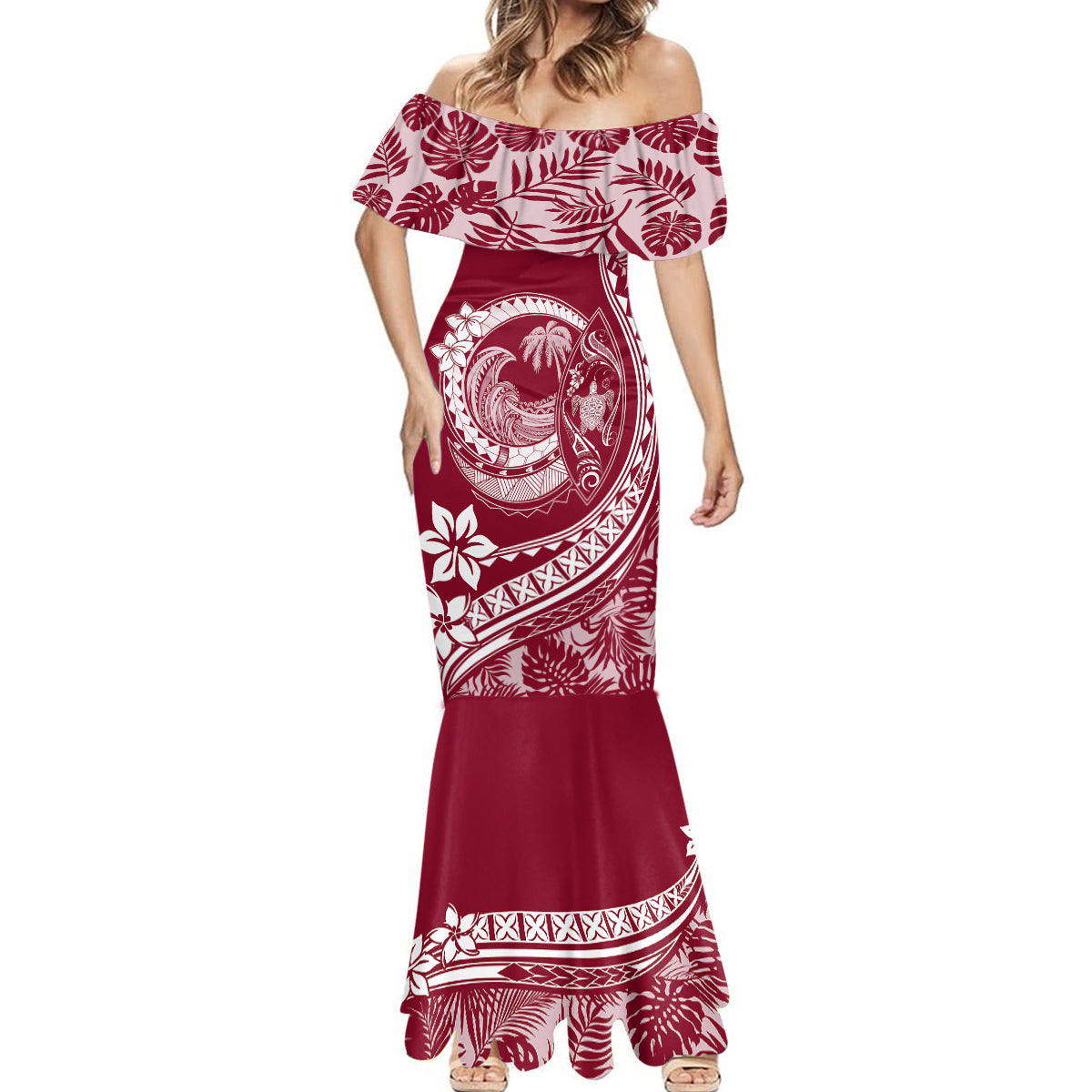 Polynesian Plumeria Mermaid Dress Ride The Waves - Burgundy LT7 - Polynesian Pride