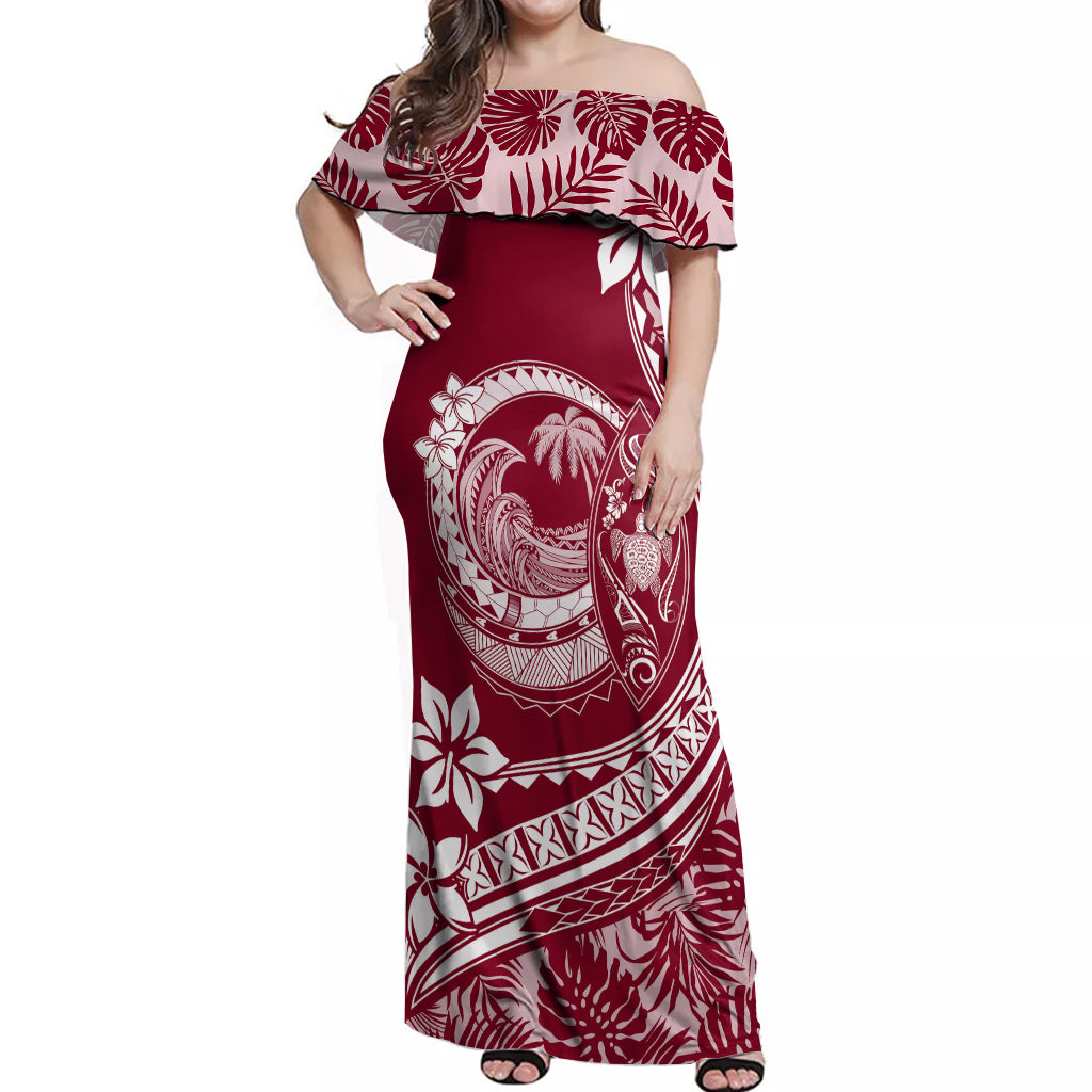 Polynesian Plumeria Off Shoulder Maxi Dress Ride The Waves - Burgundy LT7 Women Burgundy - Polynesian Pride