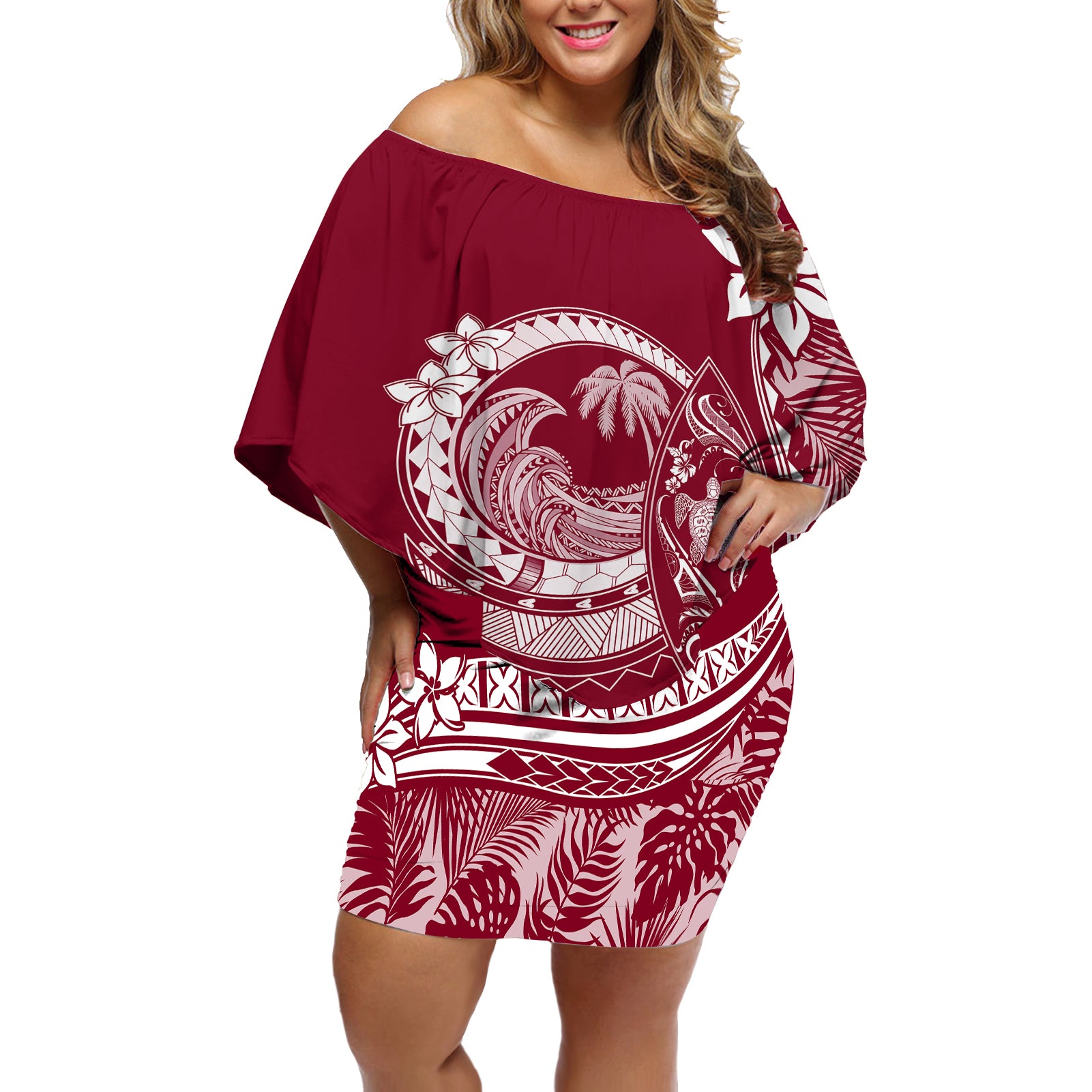 Polynesian Plumeria Off Shoulder Short Dress Ride The Waves - Burgundy LT7 Women Burgundy - Polynesian Pride