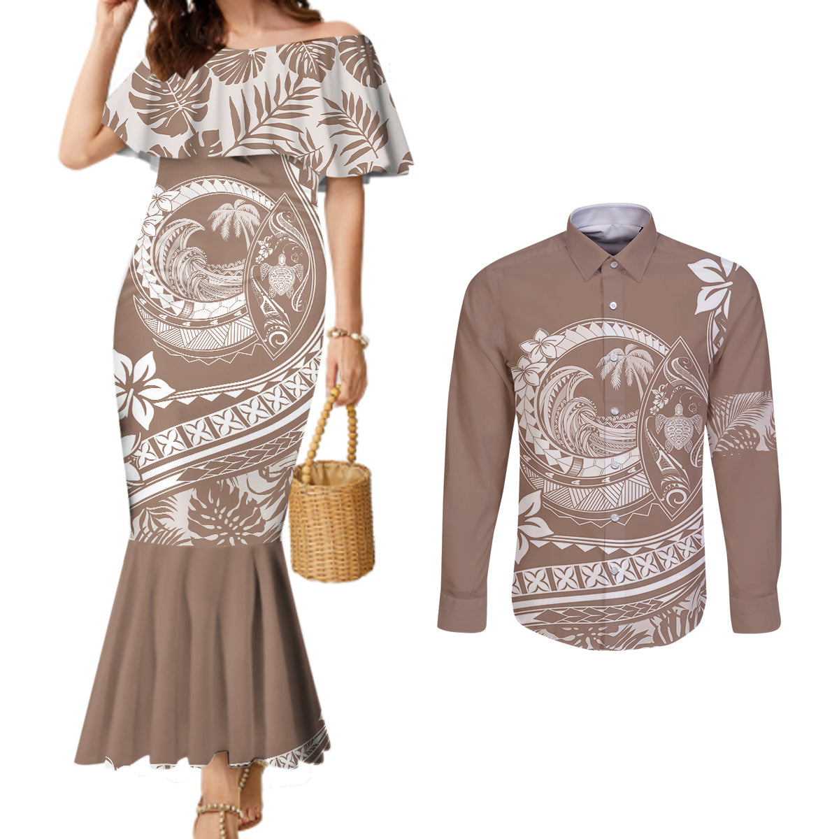 Polynesian Plumeria Couples Matching Mermaid Dress and Long Sleeve Button Shirts Ride The Waves - Beige LT7 Beige - Polynesian Pride