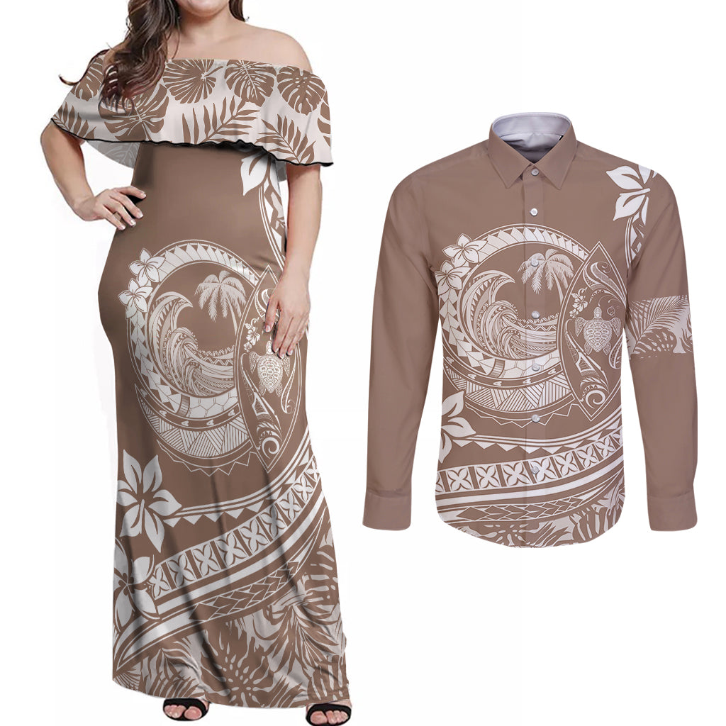 Polynesian Plumeria Couples Matching Off Shoulder Maxi Dress and Long Sleeve Button Shirts Ride The Waves - Beige LT7 Beige - Polynesian Pride