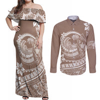 Polynesian Plumeria Couples Matching Off Shoulder Maxi Dress and Long Sleeve Button Shirts Ride The Waves - Beige LT7 Beige - Polynesian Pride