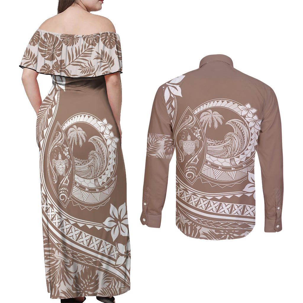 Polynesian Plumeria Couples Matching Off Shoulder Maxi Dress and Long Sleeve Button Shirts Ride The Waves - Beige LT7 - Polynesian Pride
