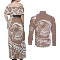 Polynesian Plumeria Couples Matching Off Shoulder Maxi Dress and Long Sleeve Button Shirts Ride The Waves - Beige LT7 - Polynesian Pride