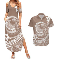 Polynesian Plumeria Couples Matching Summer Maxi Dress and Hawaiian Shirt Ride The Waves - Beige LT7 Beige - Polynesian Pride
