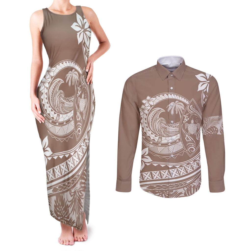 Polynesian Plumeria Couples Matching Tank Maxi Dress and Long Sleeve Button Shirts Ride The Waves - Beige LT7 Beige - Polynesian Pride