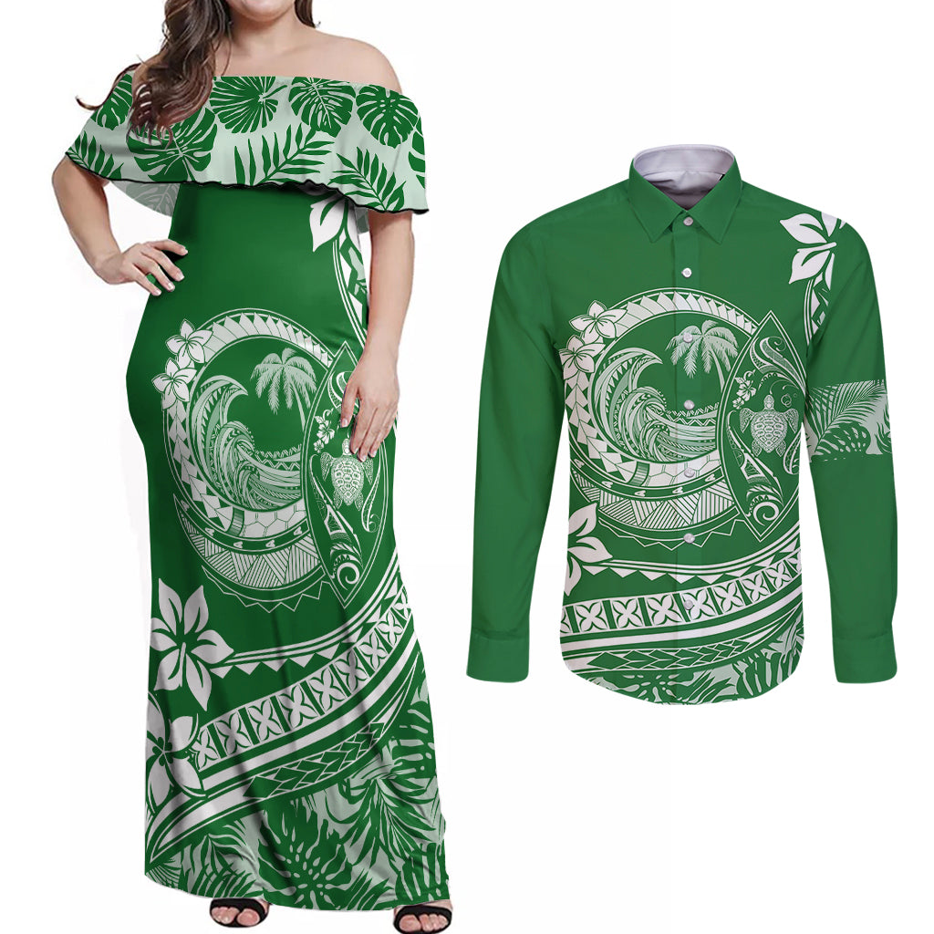Polynesian Plumeria Couples Matching Off Shoulder Maxi Dress and Long Sleeve Button Shirts Ride The Waves - Green LT7 Green - Polynesian Pride