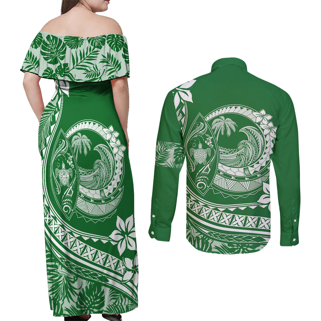 Polynesian Plumeria Couples Matching Off Shoulder Maxi Dress and Long Sleeve Button Shirts Ride The Waves - Green LT7 - Polynesian Pride