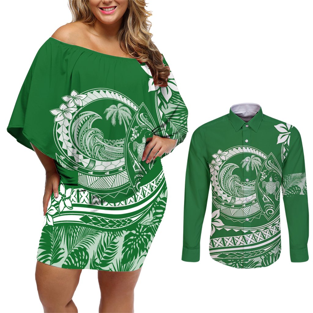 Polynesian Plumeria Couples Matching Off Shoulder Short Dress and Long Sleeve Button Shirts Ride The Waves - Green LT7 Green - Polynesian Pride