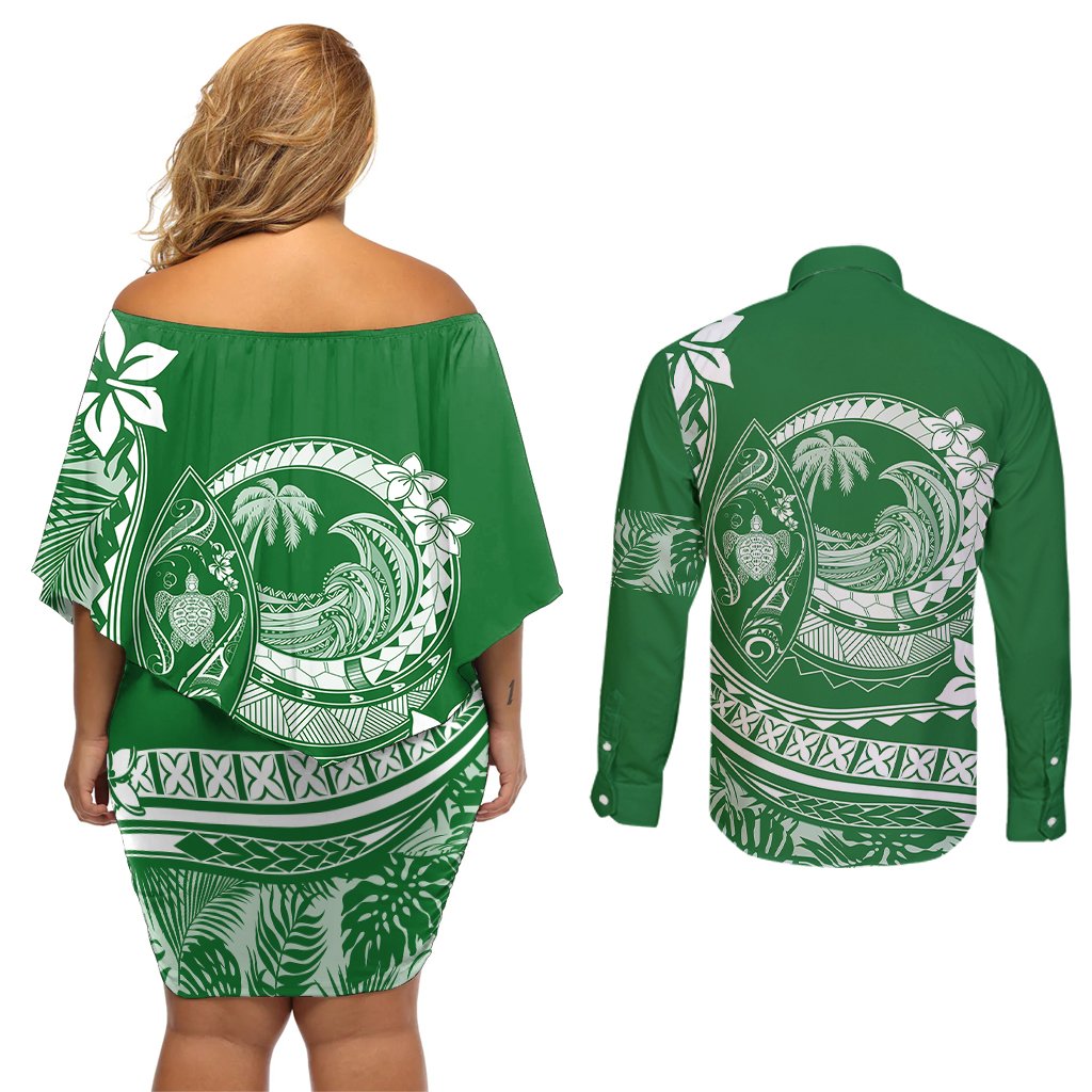 Polynesian Plumeria Couples Matching Off Shoulder Short Dress and Long Sleeve Button Shirts Ride The Waves - Green LT7 - Polynesian Pride