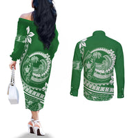 Polynesian Plumeria Couples Matching Off The Shoulder Long Sleeve Dress and Long Sleeve Button Shirts Ride The Waves - Green LT7 - Polynesian Pride