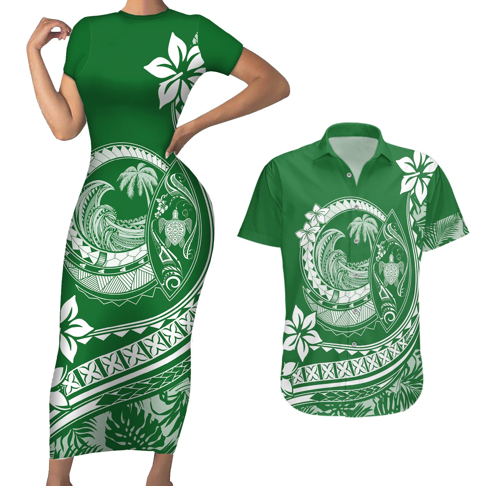 Polynesian Plumeria Couples Matching Short Sleeve Bodycon Dress and Hawaiian Shirt Ride The Waves - Green LT7 Green - Polynesian Pride