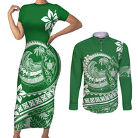 Polynesian Plumeria Couples Matching Short Sleeve Bodycon Dress and Long Sleeve Button Shirts Ride The Waves - Green LT7 Green - Polynesian Pride