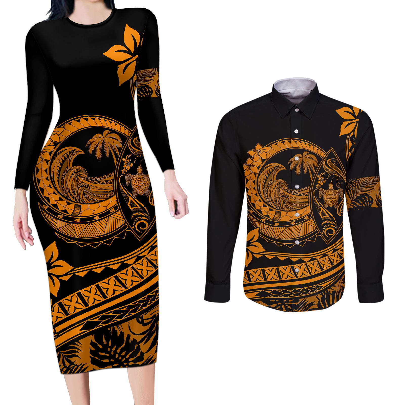 Polynesian Plumeria Couples Matching Long Sleeve Bodycon Dress and Long Sleeve Button Shirts Ride The Waves - Orange LT7 Orange - Polynesian Pride