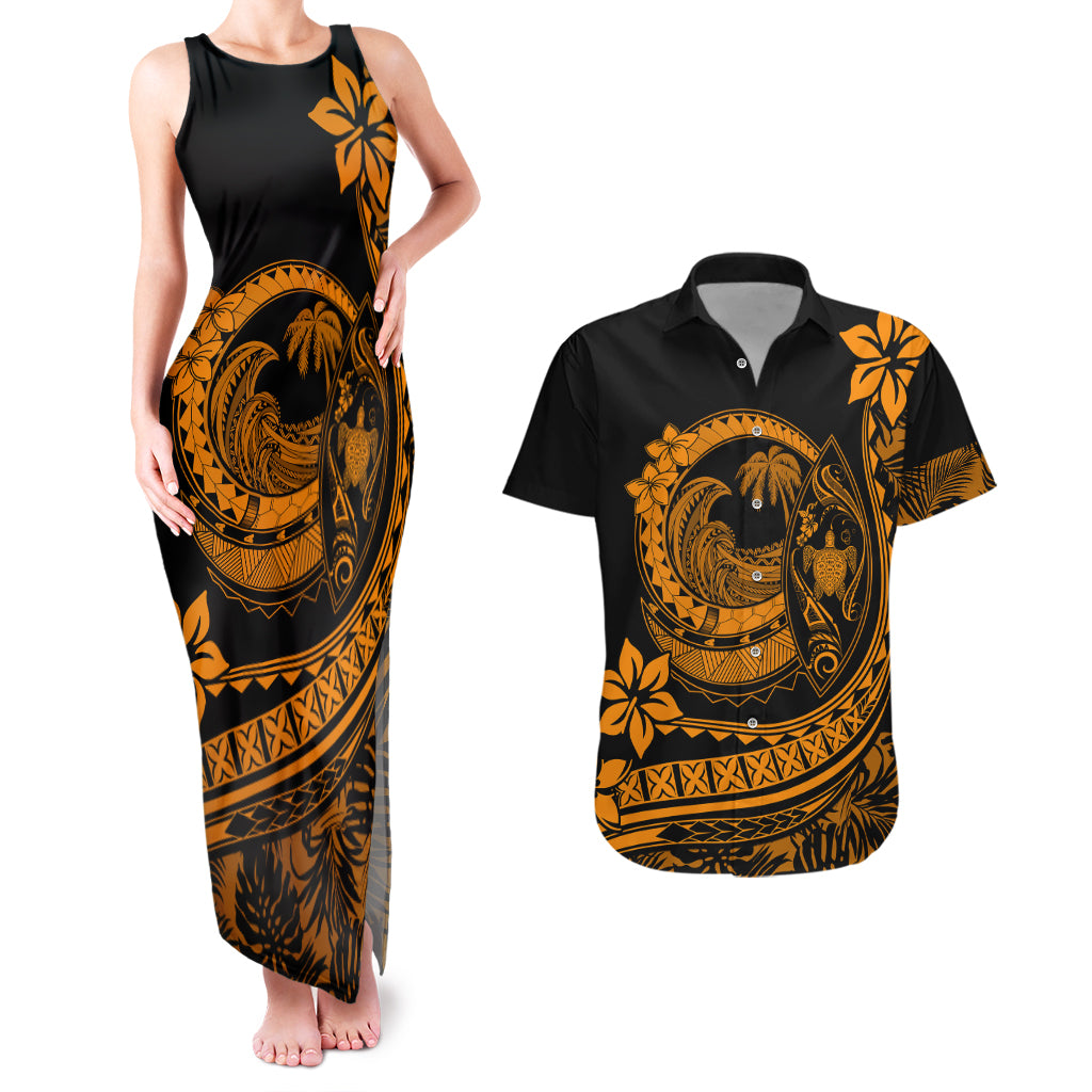 Polynesian Plumeria Couples Matching Tank Maxi Dress And Hawaiian Shirt Ride The Waves - Orange LT7 Orange - Polynesian Pride