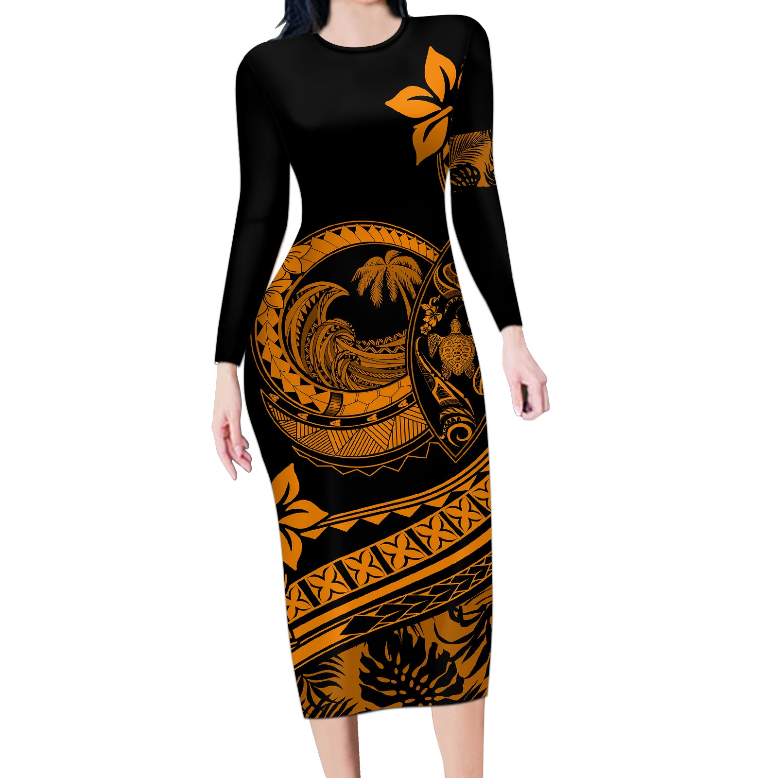 Polynesian Plumeria Long Sleeve Bodycon Dress Ride The Waves - Orange LT7 Long Dress Orange - Polynesian Pride