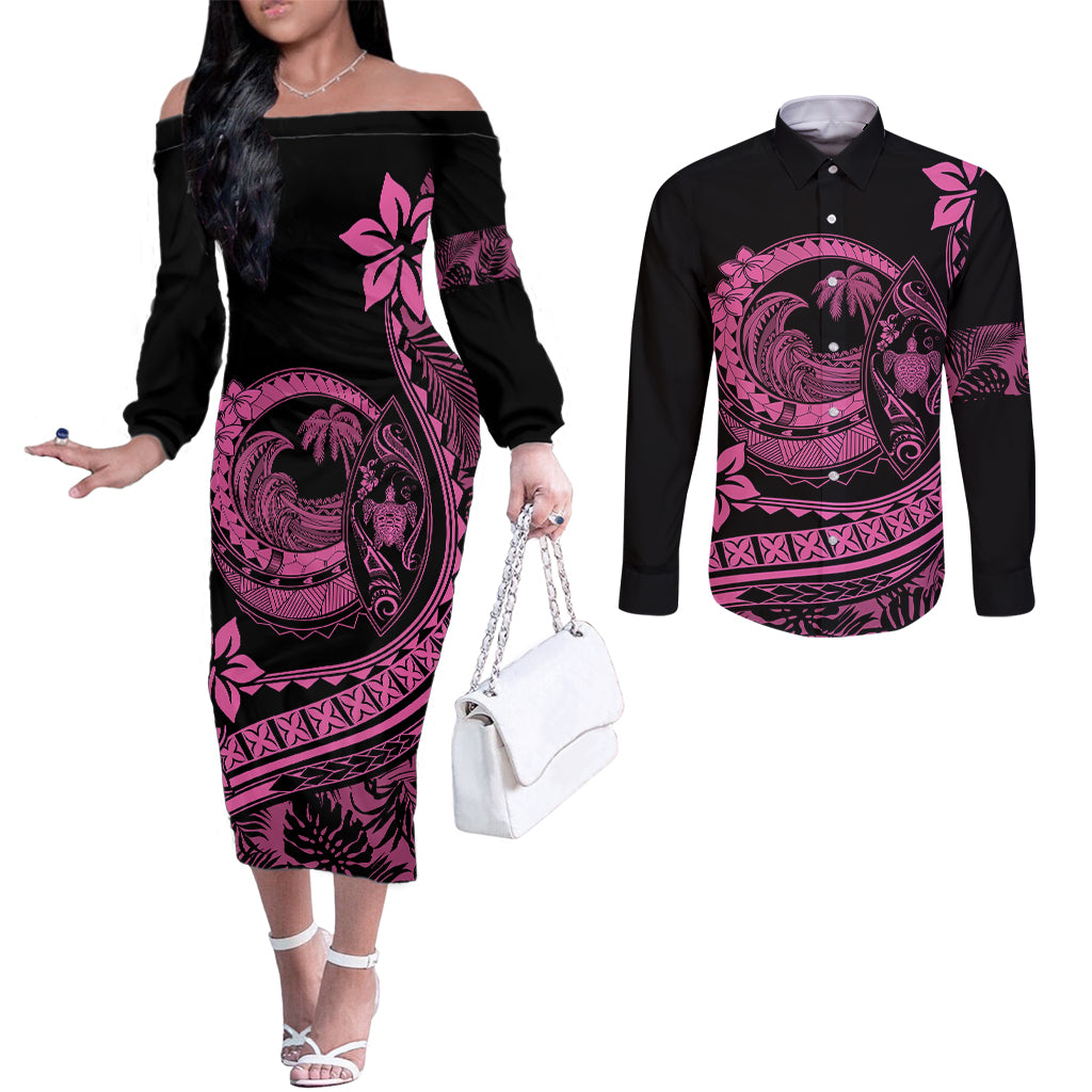 Polynesian Plumeria Couples Matching Off The Shoulder Long Sleeve Dress and Long Sleeve Button Shirts Ride The Waves - Pink LT7 Pink - Polynesian Pride