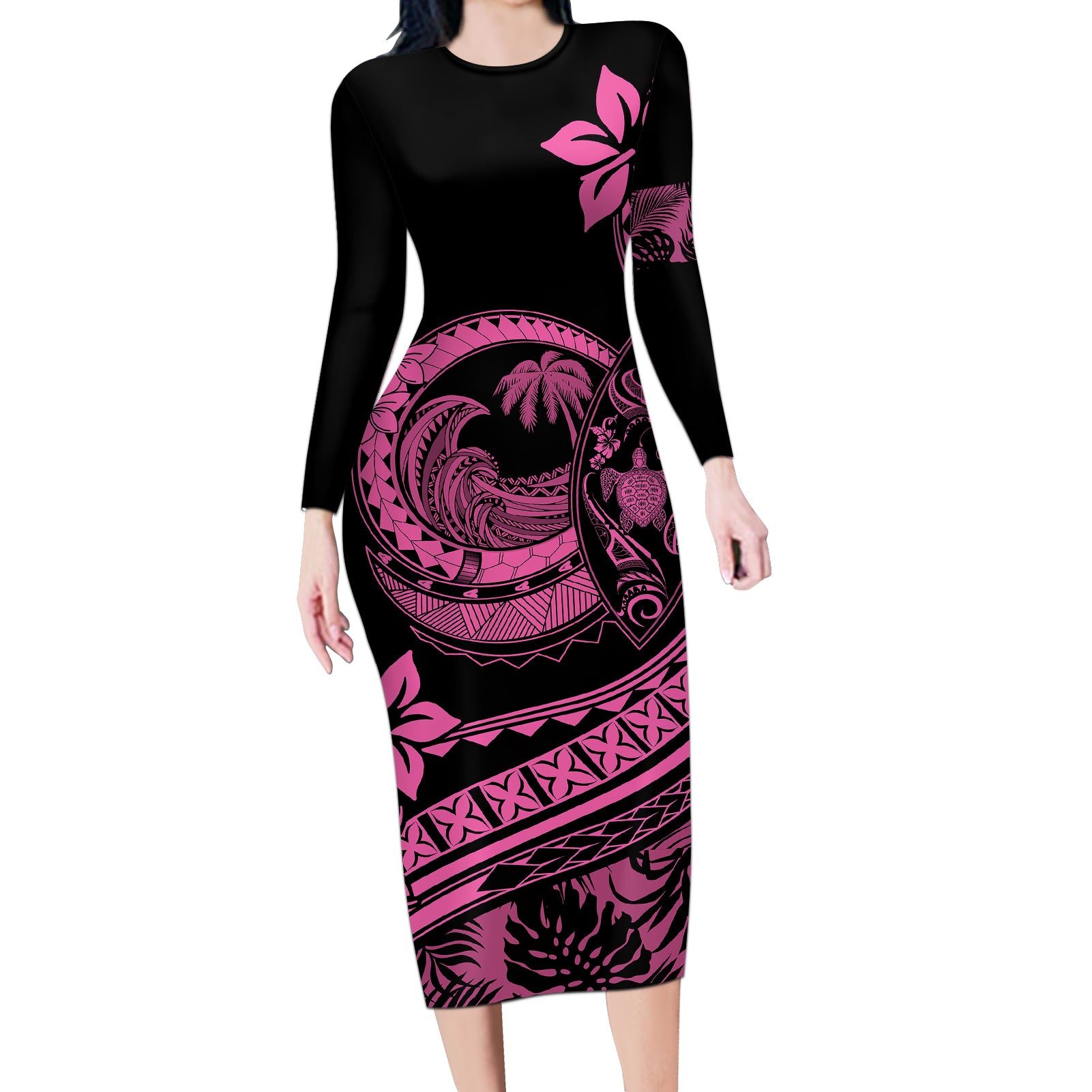 Polynesian Plumeria Long Sleeve Bodycon Dress Ride The Waves - Pink LT7 Long Dress Pink - Polynesian Pride