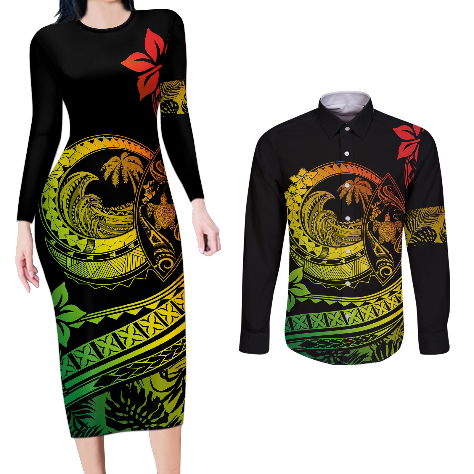 Polynesian Plumeria Couples Matching Long Sleeve Bodycon Dress and Long Sleeve Button Shirts Ride The Waves - Reggae LT7 Reggae - Polynesian Pride