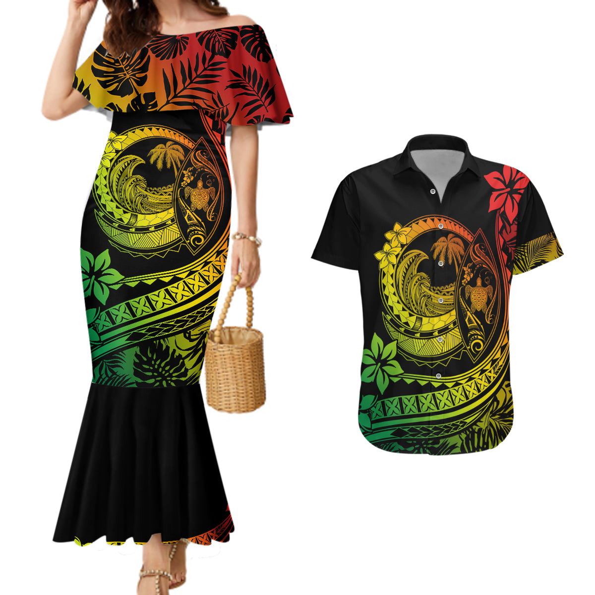 Polynesian Plumeria Couples Matching Mermaid Dress And Hawaiian Shirt Ride The Waves - Reggae LT7 Reggae - Polynesian Pride