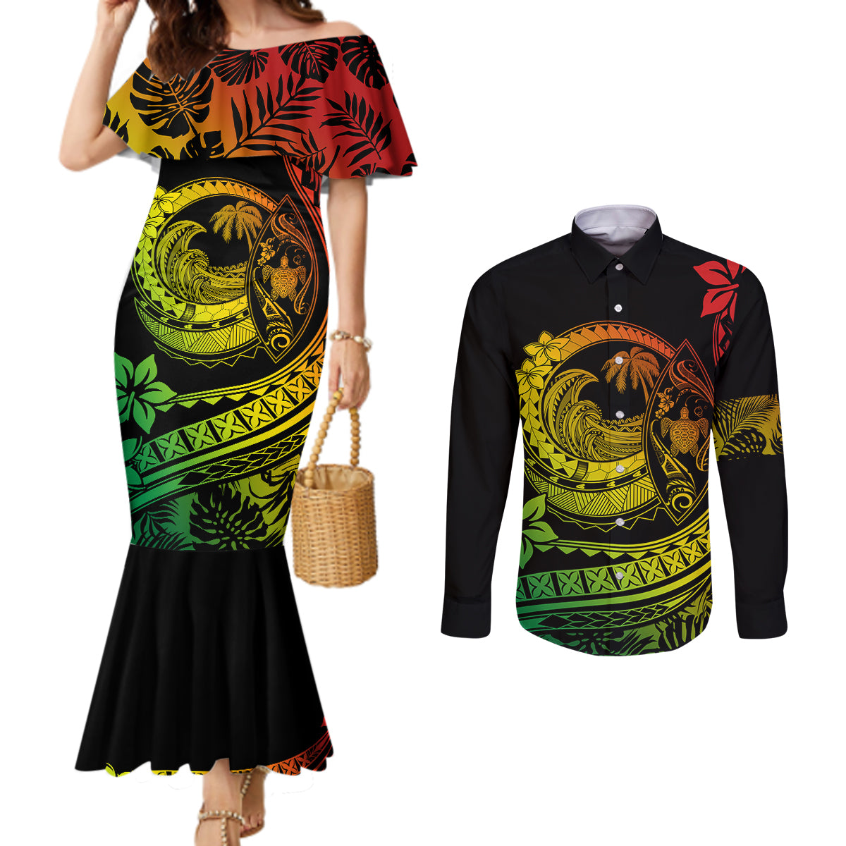 Polynesian Plumeria Couples Matching Mermaid Dress and Long Sleeve Button Shirts Ride The Waves - Reggae LT7 Reggae - Polynesian Pride