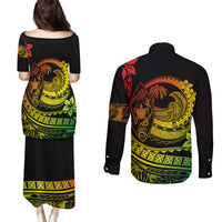Polynesian Plumeria Couples Matching Puletasi Dress and Long Sleeve Button Shirts Ride The Waves - Reggae LT7 - Polynesian Pride