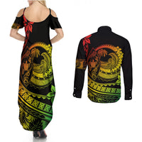 Polynesian Plumeria Couples Matching Summer Maxi Dress and Long Sleeve Button Shirts Ride The Waves - Reggae LT7 - Polynesian Pride