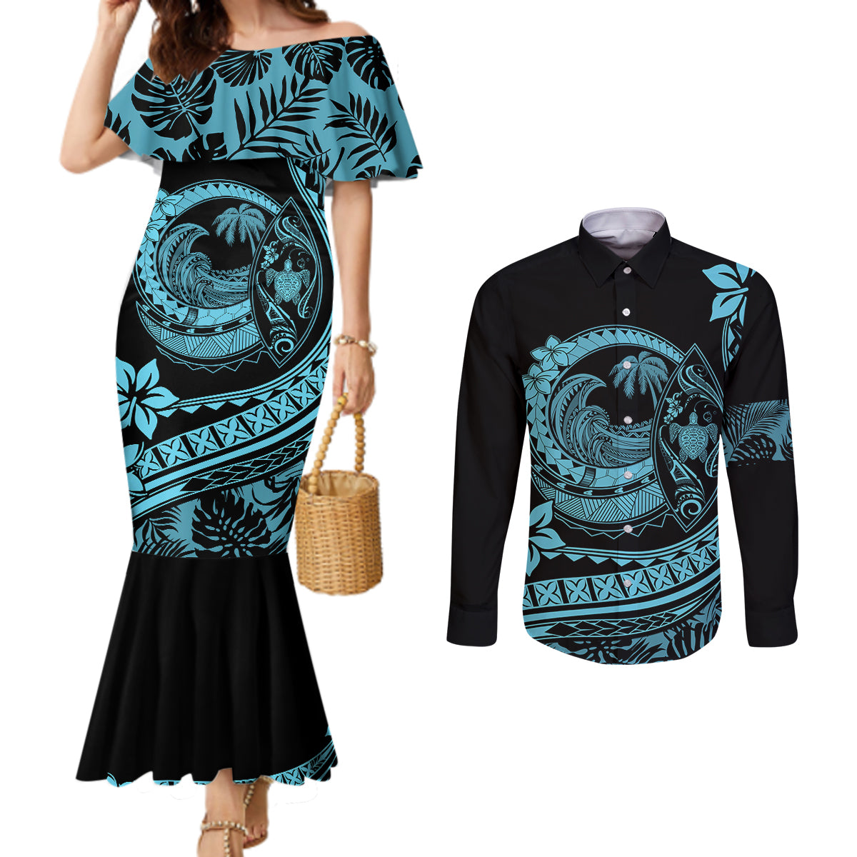 Polynesian Plumeria Couples Matching Mermaid Dress and Long Sleeve Button Shirts Ride The Waves - Turquoise LT7 Turquoise - Polynesian Pride