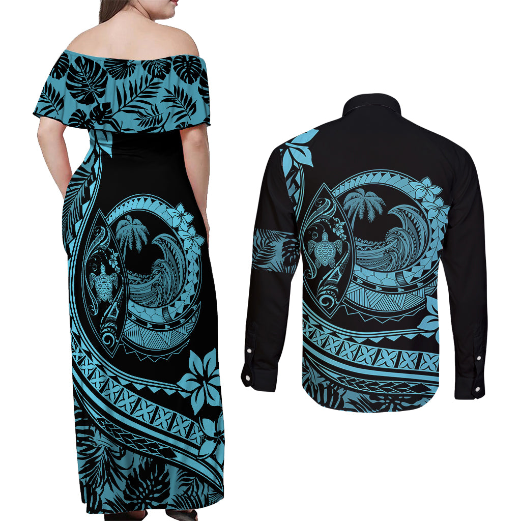 Polynesian Plumeria Couples Matching Off Shoulder Maxi Dress and Long Sleeve Button Shirts Ride The Waves - Turquoise LT7 - Polynesian Pride