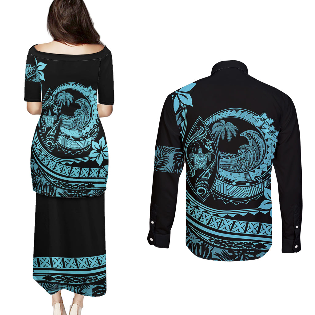 Polynesian Plumeria Couples Matching Puletasi Dress and Long Sleeve Button Shirts Ride The Waves - Turquoise LT7 - Polynesian Pride