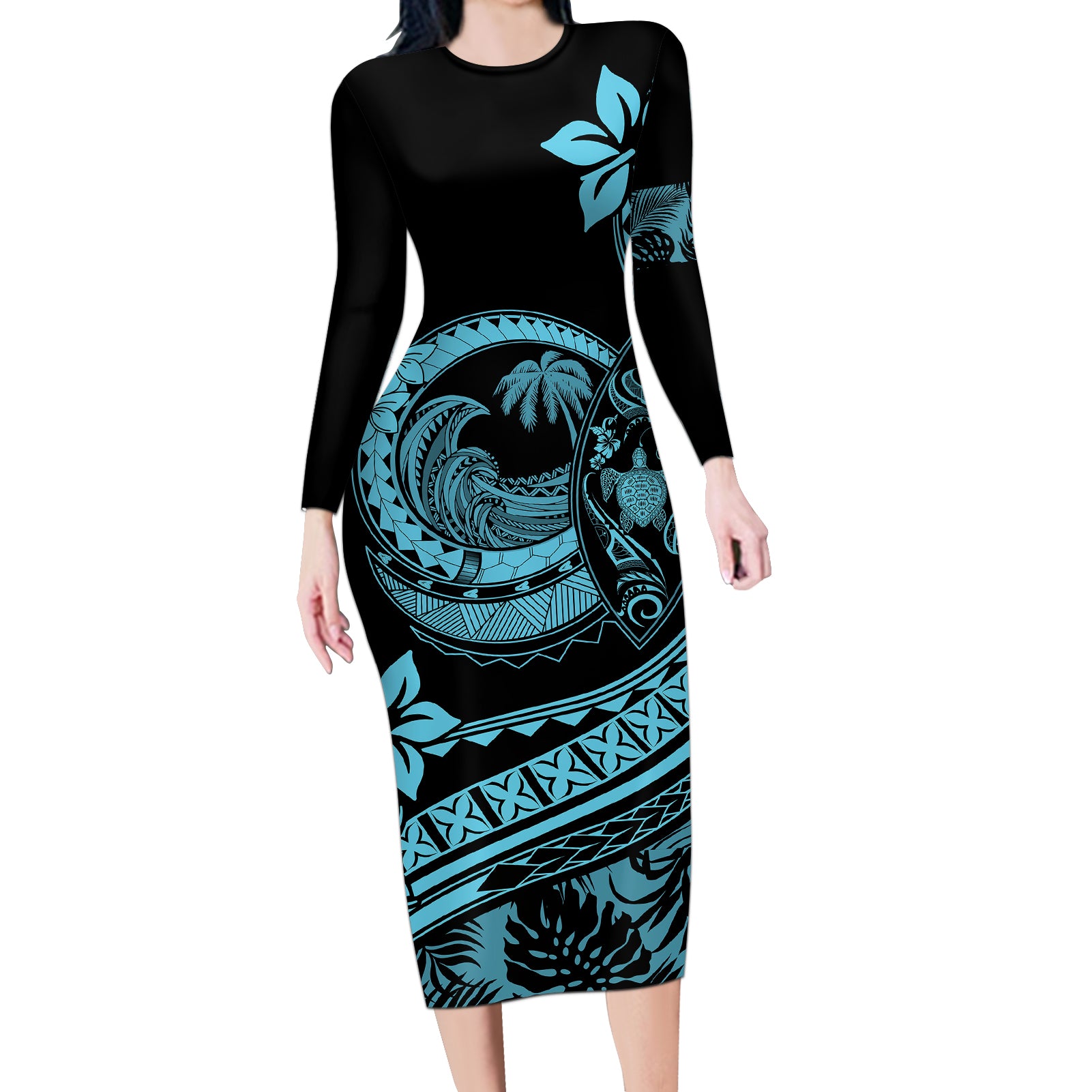 Polynesian Plumeria Long Sleeve Bodycon Dress Ride The Waves - Turquoise LT7 Long Dress Turquoise - Polynesian Pride