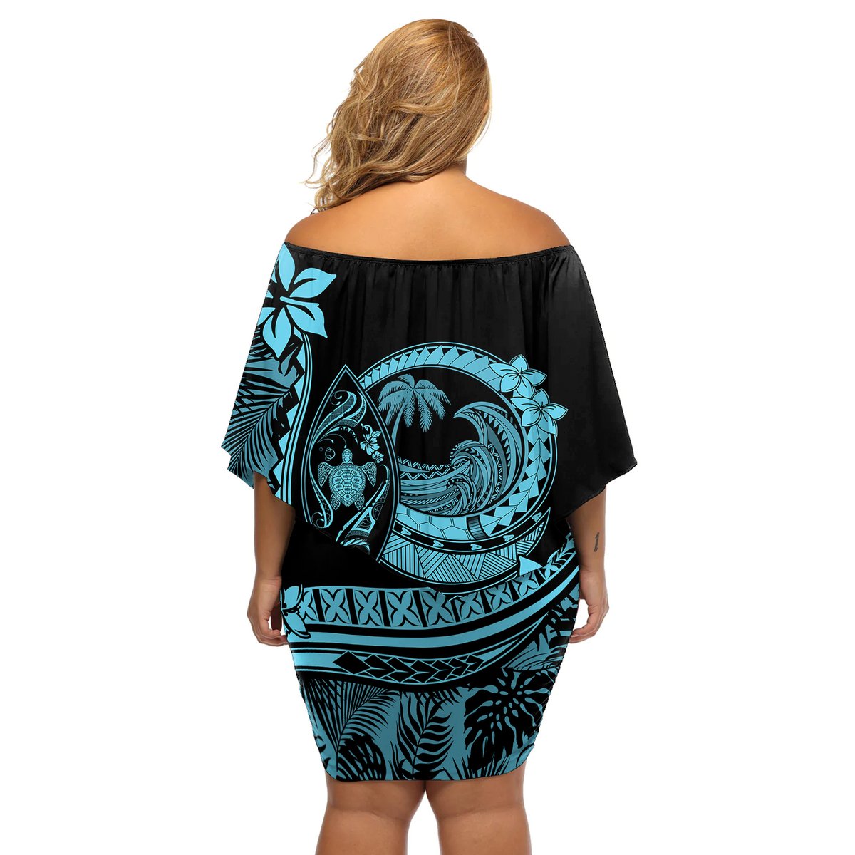 Polynesian Plumeria Off Shoulder Short Dress Ride The Waves - Turquoise LT7 - Polynesian Pride