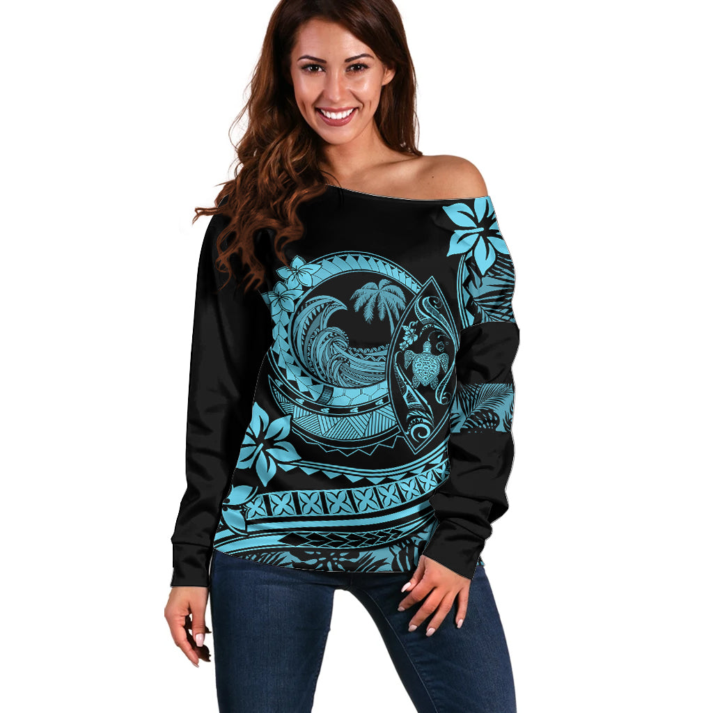 Polynesian Plumeria Off Shoulder Sweater Ride The Waves - Turquoise LT7 Women Turquoise - Polynesian Pride