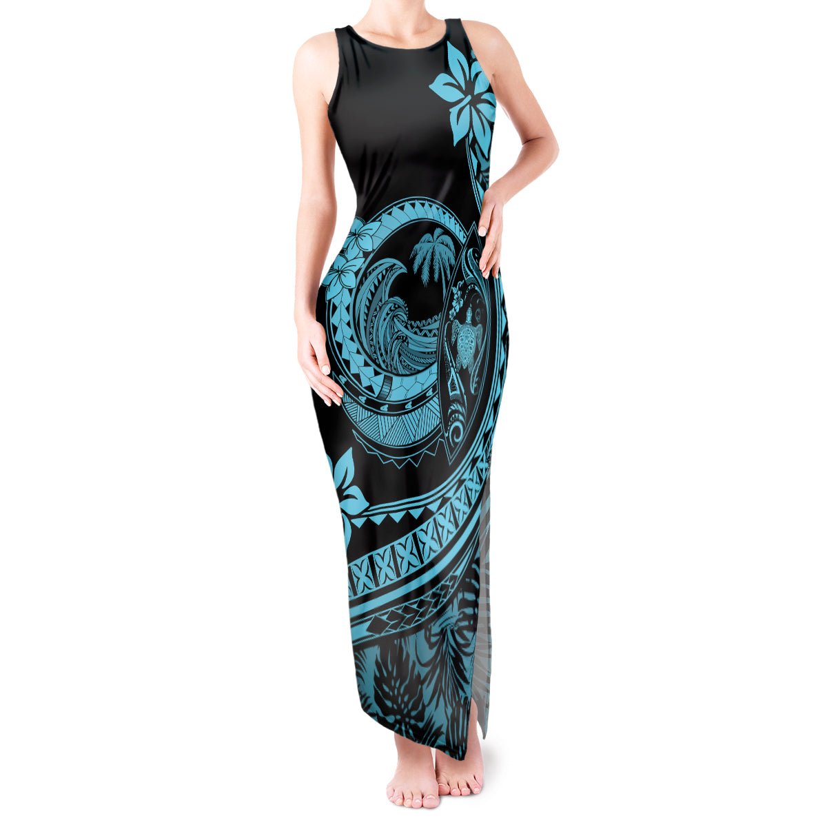 Polynesian Plumeria Tank Maxi Dress Ride The Waves - Turquoise LT7 Women Turquoise - Polynesian Pride