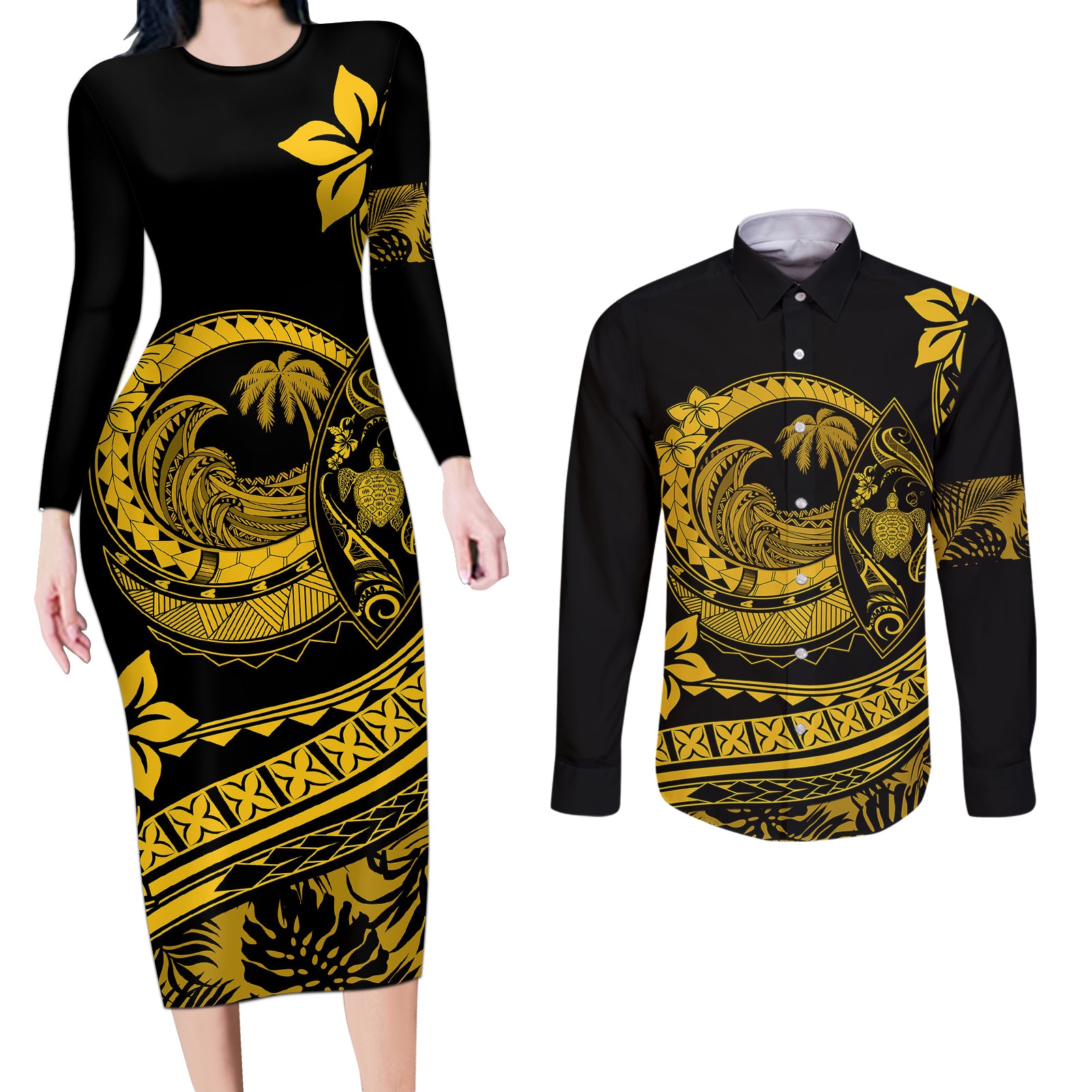 Polynesian Plumeria Couples Matching Long Sleeve Bodycon Dress and Long Sleeve Button Shirts Ride The Waves - Yellow LT7 Yellow - Polynesian Pride