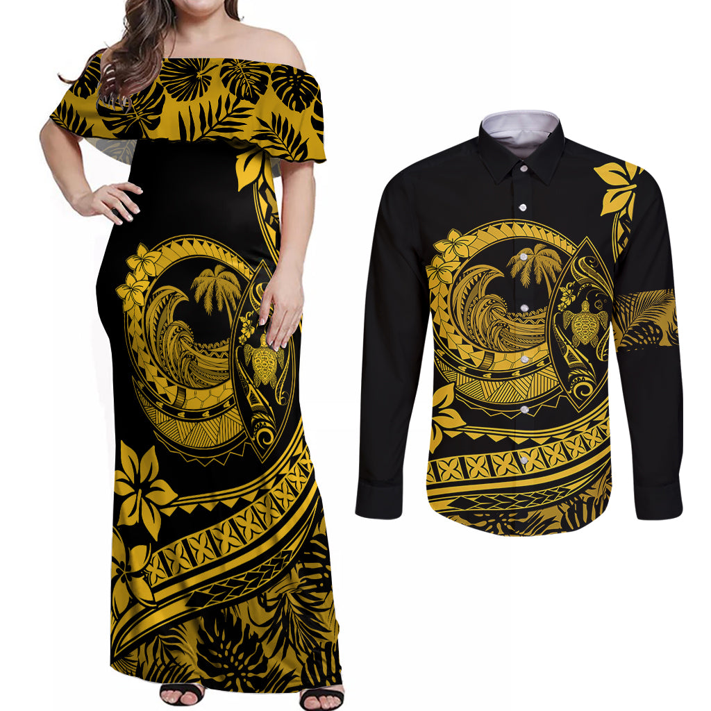 Polynesian Plumeria Couples Matching Off Shoulder Maxi Dress and Long Sleeve Button Shirts Ride The Waves - Yellow LT7 Yellow - Polynesian Pride