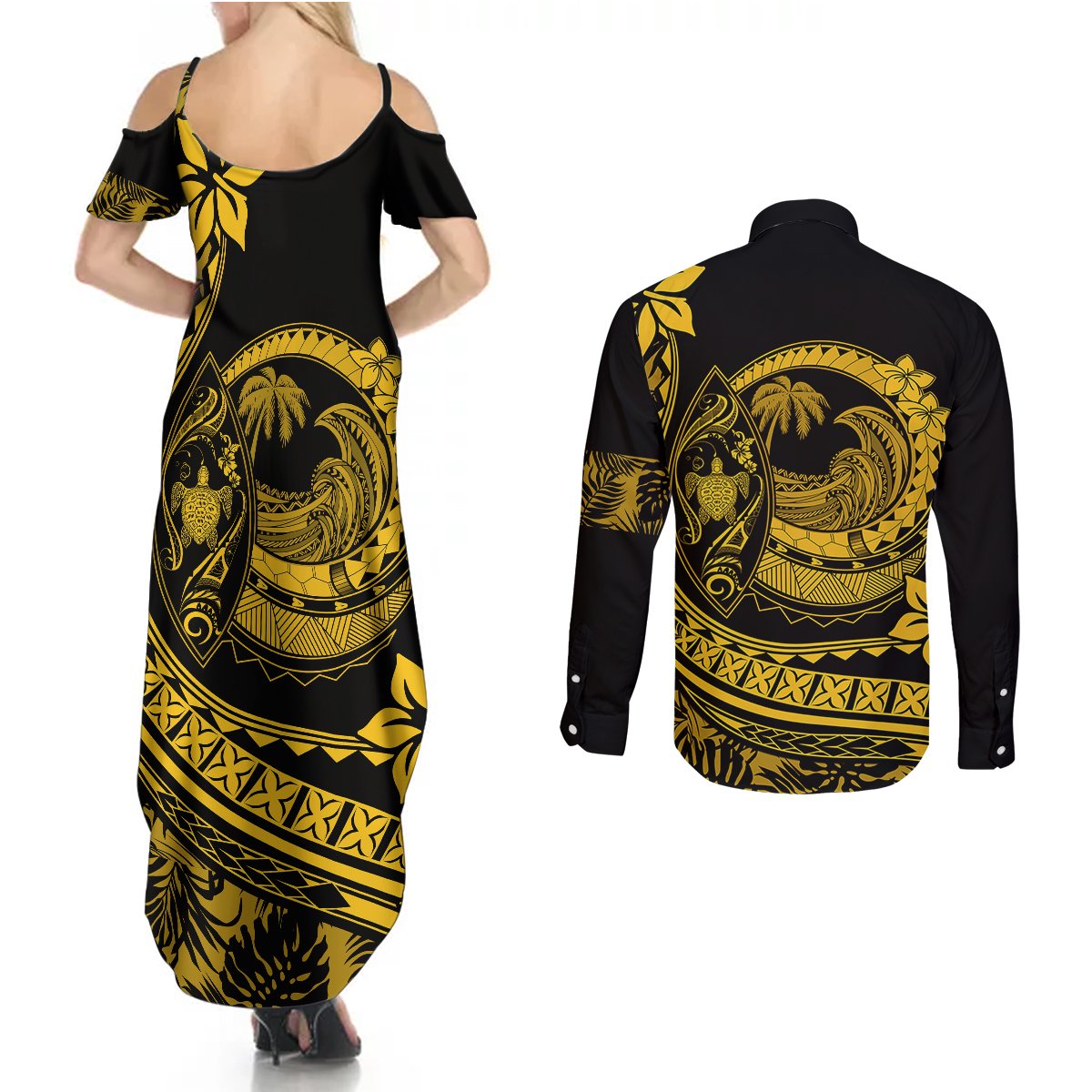 Polynesian Plumeria Couples Matching Summer Maxi Dress and Long Sleeve Button Shirts Ride The Waves - Yellow LT7 - Polynesian Pride