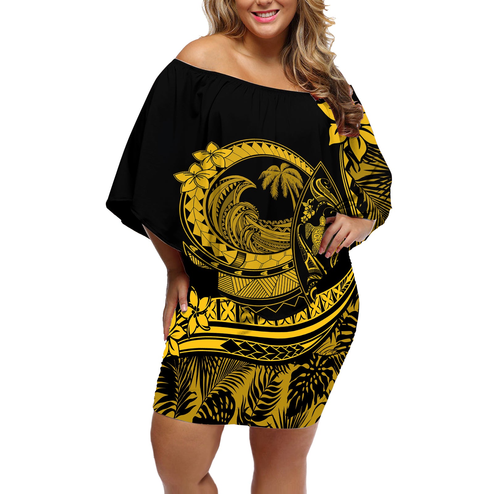 Polynesian Plumeria Off Shoulder Short Dress Ride The Waves - Yellow LT7 Women Yellow - Polynesian Pride