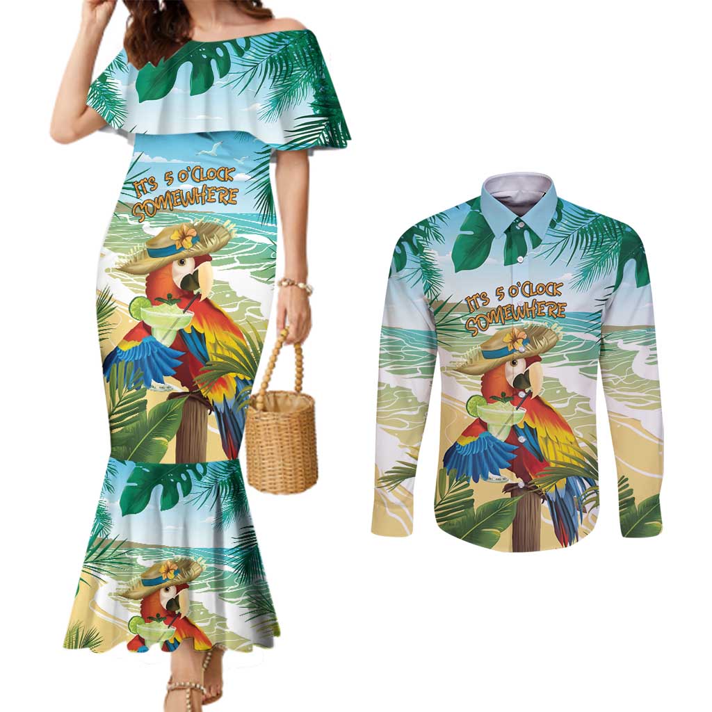 Aloha Hawaii It's 5 o'clock Somewhere Couples Matching Mermaid Dress and Long Sleeve Button Shirt LT7 Blue - Polynesian Pride