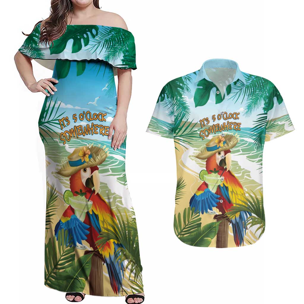 Aloha Hawaii It's 5 o'clock Somewhere Couples Matching Off Shoulder Maxi Dress and Hawaiian Shirt LT7 Blue - Polynesian Pride